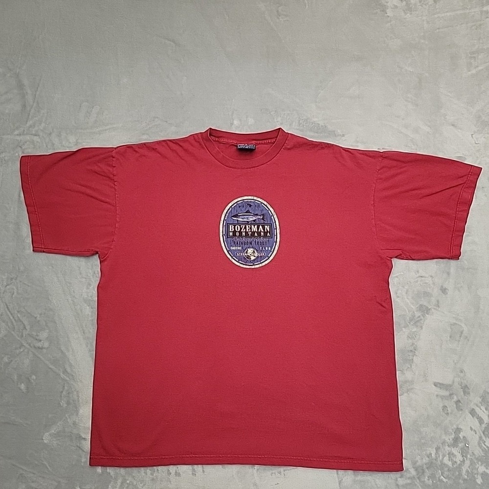 Vintage Bozeman Montana Shirt Mens XL Red Rainbow Trout Fishing Made In USA